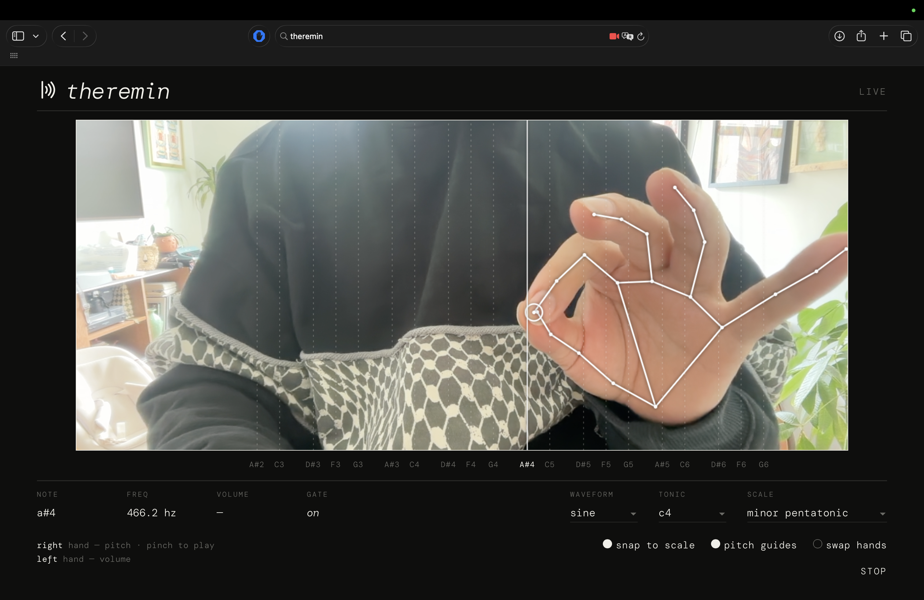 Theremin tracking a hand to play a note, snapped to scale